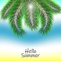 Fototapeta na wymiar Hello Summer Vector Illustration - Bold Text with Palm Trees on Defocused Ocean Background