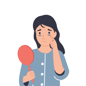 Dark circles under eyes. Girl with bruises from insomnia, disease, fatigue. Flat vector cartoon modern illustration.