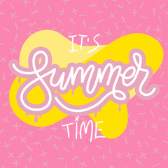 Fototapeta na wymiar It's summer time banner template in memphis doodle style. Hand drawn vector illustration with lettering phrase for website and mobile banners, posters designs, ads, promotional material.