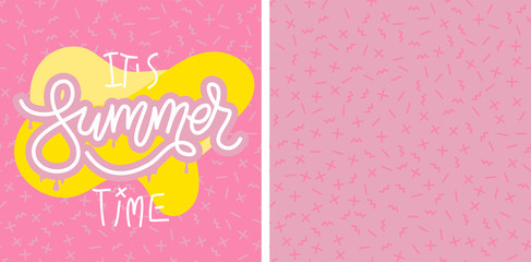 It's summer time banner template in memphis doodle style and pattern. Hand drawn vector illustration with lettering phrase for website and mobile banners, posters designs, ads, promotional material.