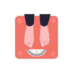Female feet stand on floor scales. Girl is weighed. Flat vector illustration.