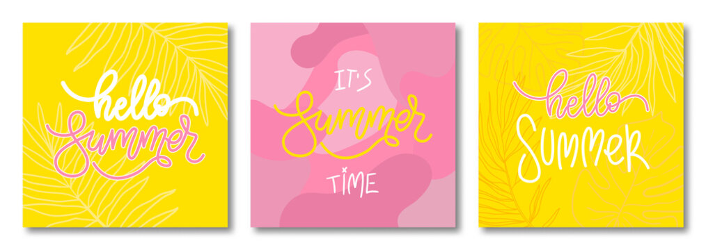 Set of 3 Hello summer banner templates. Hand drawn vector illustrations with lettering phrases for website and mobile website banners, posters, email and newsletter designs, ads, promotional material.
