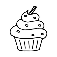 Cupcake outline doodle isolated illustration on white background Muffin linear cartoon icon Sweets and candies design
