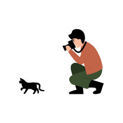 Guy photographer stands on one knee and takes a picture of a cat. Flat vector cartoon modern illustration.