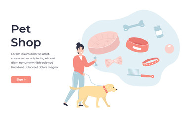 Concept Pet Shop online store. Flat vector cartoon modern illustration for banner, poster, app, template, layout, website.