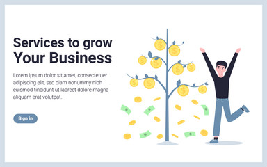Service to grow your business. Money tree and happy man. Flat concept vector modern illustration design for banner, website, landing page, template, poster, application.