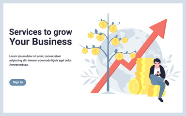 Service to grow your business. Money tree, up arrow, man with mobile phone. Flat concept vector illustration design for banner, website, landing page, template, poster, application.