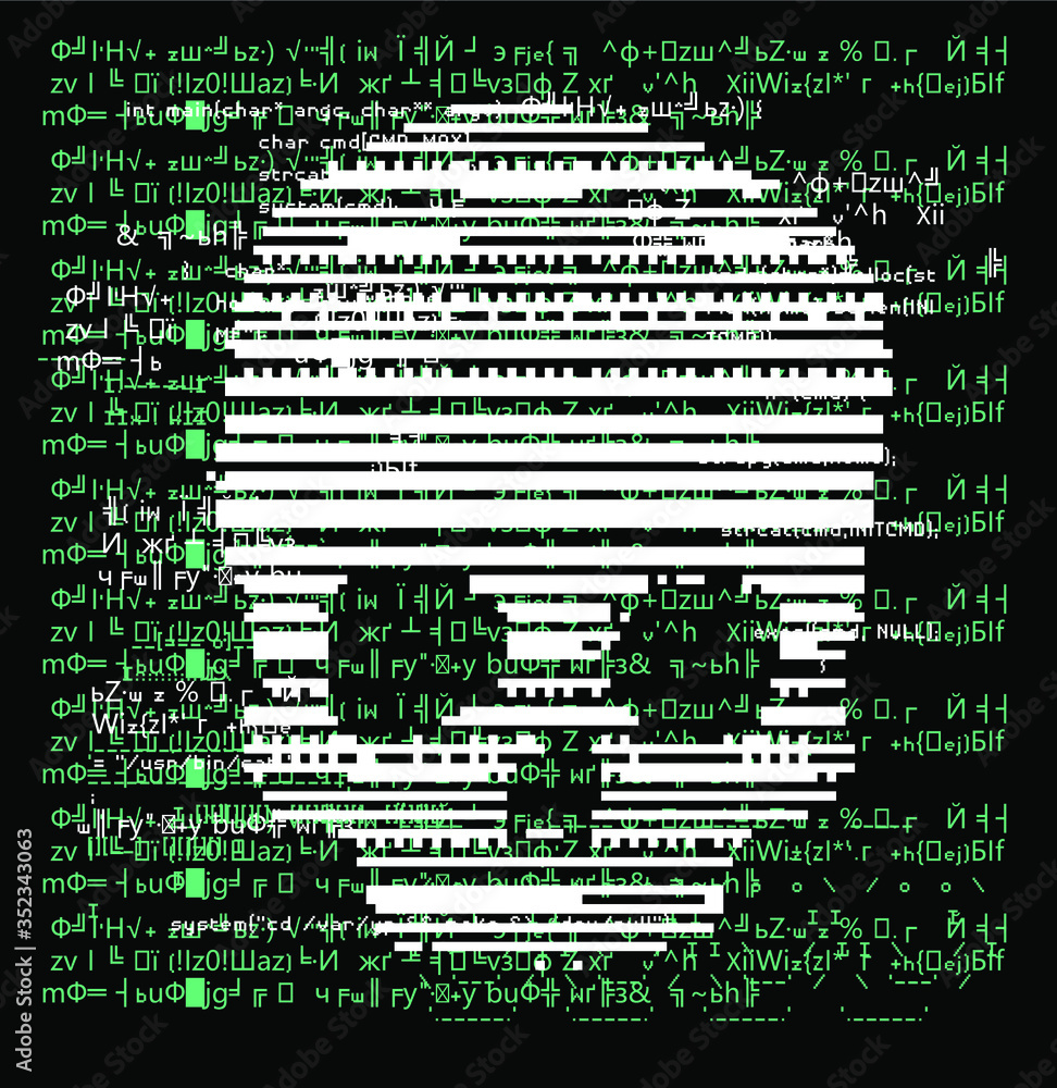 Poster Computer code on a screen with a skull representing a computer virus, hack attack, malware and ransomware.