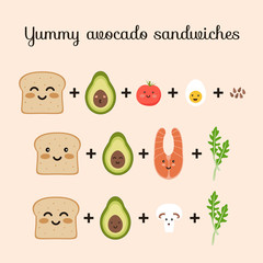 Set of ingredients for yummy avocado sandwiches toasts. Bread, avocado, tomato, egg, champignon, arugula, salmon, flax seed. Flat vector cute cartoon characters illustration.