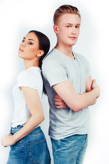 Fototapeta premium modern hipster guys together couple diverse nations, asian girl and caucasian blond boy isolated on white background, lifestyle people concept