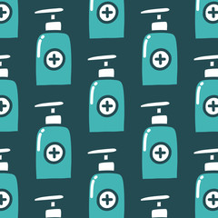 alcohol gel, hand sanitizer seamless doodle pattern, vector illustration