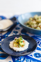 Ceviche with Tapioca on a blue and white background