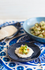 Ceviche with Tapioca on a blue and white background