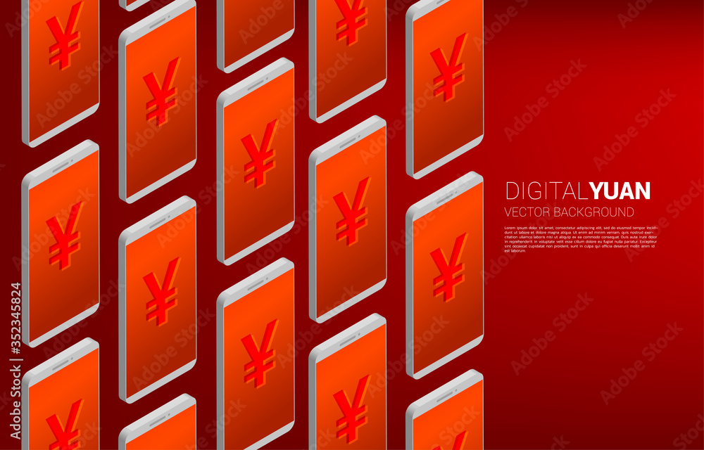 Poster money yuan currency icon with row of mobile phone. concept for digital yuan financial and banking.