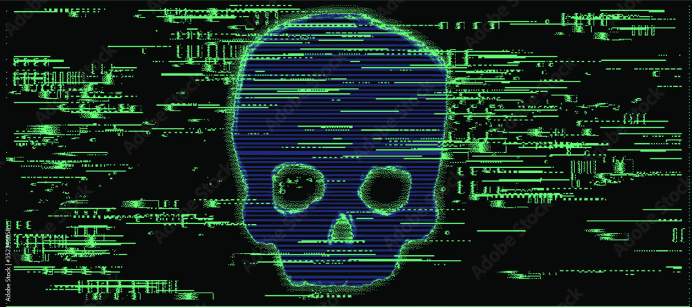 Aufkleber Computer code on a screen with a skull representing a computer virus, hack attack, malware and ransomware.