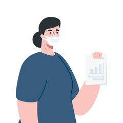 woman using medical protective mask against covid 19 with document vector illustration design