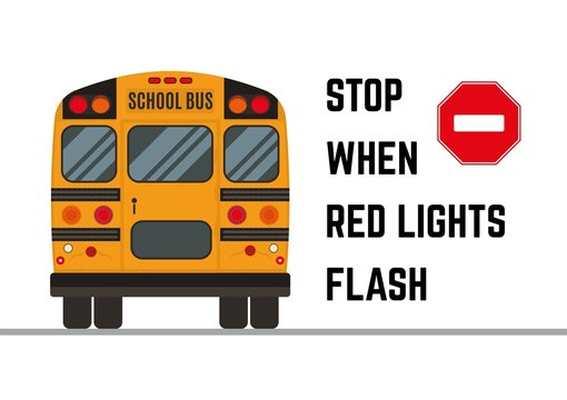 Rear View Of The Traditional School Bus With Message To Stop When Red Lights Are Flashing. Road Safety Information. Educational Poster.