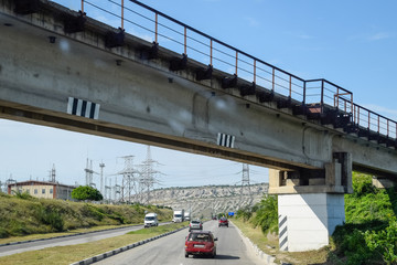 Reinforced concrete construction road junction. Road construction and bridges.