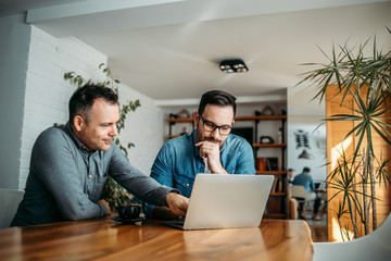 Two casual entrepreneur working with laptop, portrait.