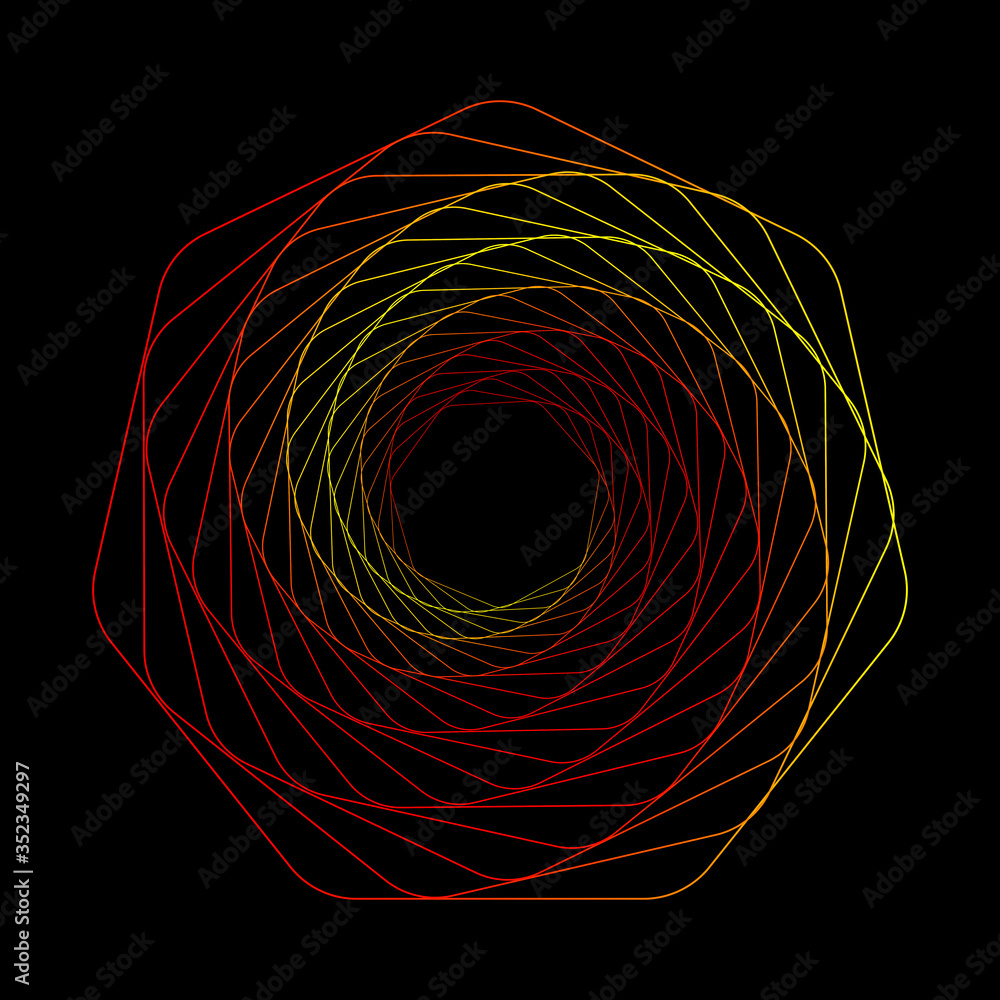 Poster swirling symbol. optical illusion. twisted heptagon. 3d wireframe abstract tunnel. vector illustrati
