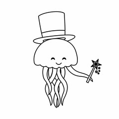 Coloring of Jellyfish Witches Carry Hats and Wands Cartoon, Cute Funny Character, Flat Design