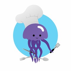 Illustration of Jellyfish Chefs Wear Chef Hats and Carry Knives, Spatulas, Spoons and Forks Cartoon, Cute Funny Character, Flat Design