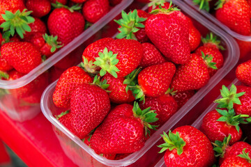 Tasty juicy strawberry berries in boxes, on the market
