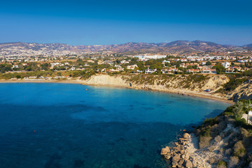 Obraz na płótnie Canvas Aerial view of Cyprus coastline, bay with beach and azure sea water.
