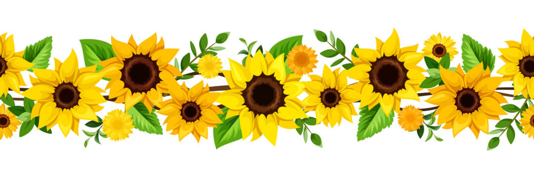 Vector horizontal seamless border with yellow sunflowers and green leaves.