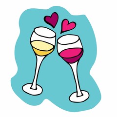 Two glasses with white and red wine. Toast Creating Splash with two hearts on blue sticker. Glasses for her and him, Lovers, bride and groom, wife and husband. Valentine's Day engagement, anniversary