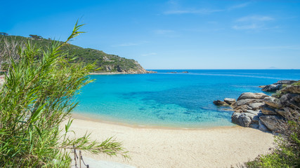 The Beach of Cavoli on Elba island in Italy without people. Tuscan Archipelago national park. Mediterranean sea coast. Vacation and tourism concept.