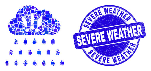 Geometric strong rain clouds mosaic pictogram and Severe Weather seal. Blue vector rounded grunge seal with Severe Weather title. Abstract mosaic of strong rain clouds designed of spheric, triangles,