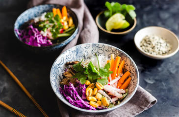Homemade rice noodles salad with radish, carrot, red cabbage cilantro
