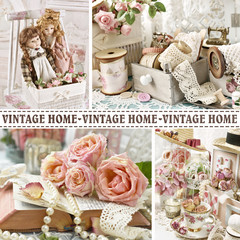 vintage home collage with four images in old fashioned style