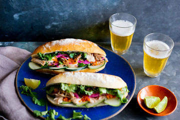 pulled pork vietnamese sandwich with  pickled onion, cucumber, carrot and sriracha sauce on a gray surface