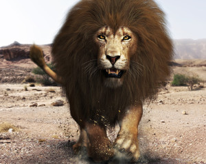A ferocious angry lion, lord of the jungle ,closing in on its target. 3d rendering