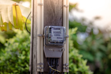 Blurred background of electricity meters that measure energy in houses or condominiums