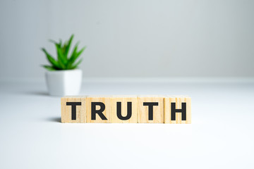 Truth - word from wooden blocks with letters, real facts truth concept, white background.
