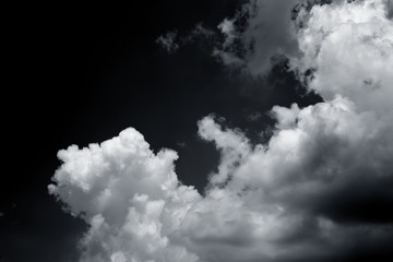 white cloud on black background. Wide sky and clouds dark tone.