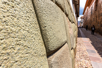 Twelve angles stone, Beautiful narrow street and buildings wall in centre of Cusco or Cuzco city,...