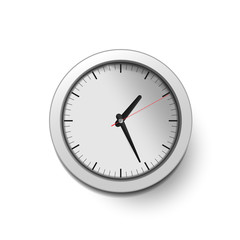 Mockup simple clock in realistic style isolated on white background. 3D office clock with shadow and the hands of hours, minutes and seconds on сlock face. Vector illustration