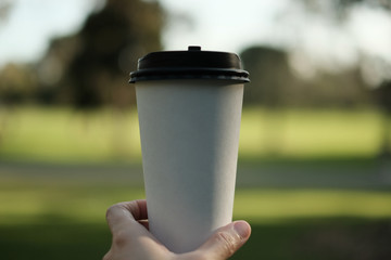 biodegradable paper cup on trees and green background. eco friendly and sustainability concept.