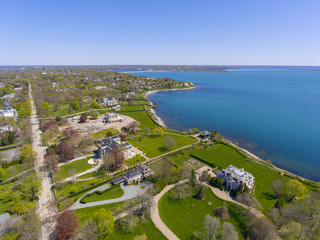 Marble House and Cliff Walk aerial view at Newport, Rhode Island RI, USA. This house is a Gilded Age mansion with Beaux Arts style built in 1888 in Bellevue Avenue Historic District in Newport.