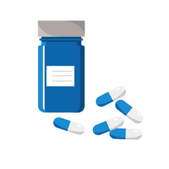 Bottle with pills. Flat style vector illustration. Separate on a white background.