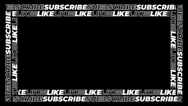 Seamlessly looping social media typography frames of multiple animated words "LIKE" and "SUBSCRIBE" on black backdrop. This animated overlay can be used in Screen Blending Mode to remove black backgro