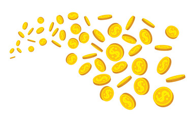 Gold coin flying flat cartoon style. Success golden coins rain. Bank currency shining sign fall. Hundreds cash different position. Isolated vector illustration