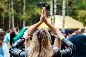 Girls play a team game in nature