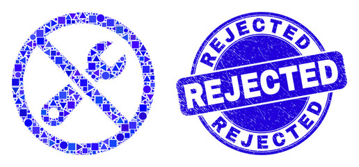 Geometric forbidden repair mosaic icon and Rejected seal stamp. Blue vector round scratched stamp with Rejected phrase. Abstract collage of forbidden repair constructed of round, tringle,
