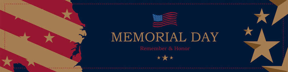 Happy Memorial Day. Long Greeting card with USA flag stars on blue background. National American holiday event. Flat vector illustration EPS10