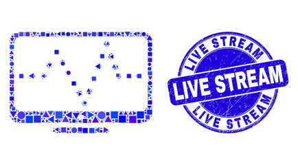Geometric online dotted chart mosaic icon and Live Stream watermark. Blue vector round textured watermark with Live Stream message. Abstract mosaic of online dotted chart done of round, tringle,